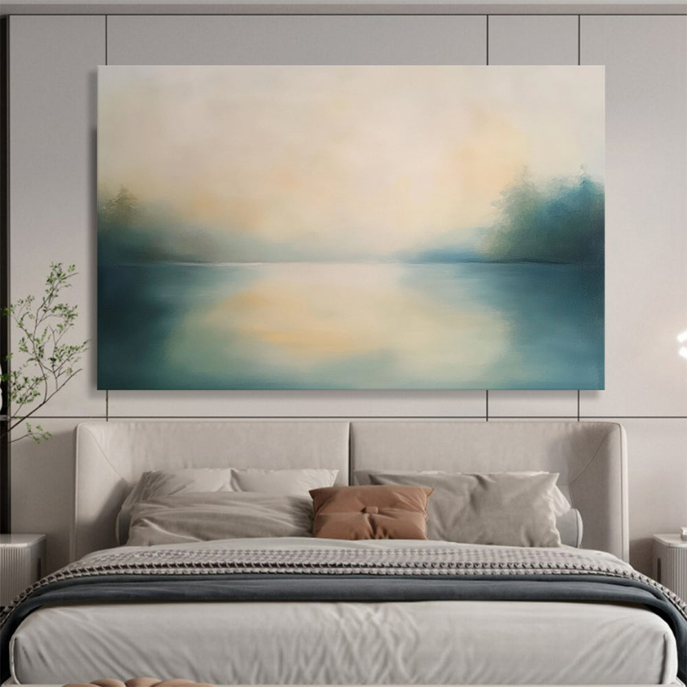 “Misty Lake Serenity” - Blue, Beige, Green, Misty Lake Landscape Painting On Canvas HB0993