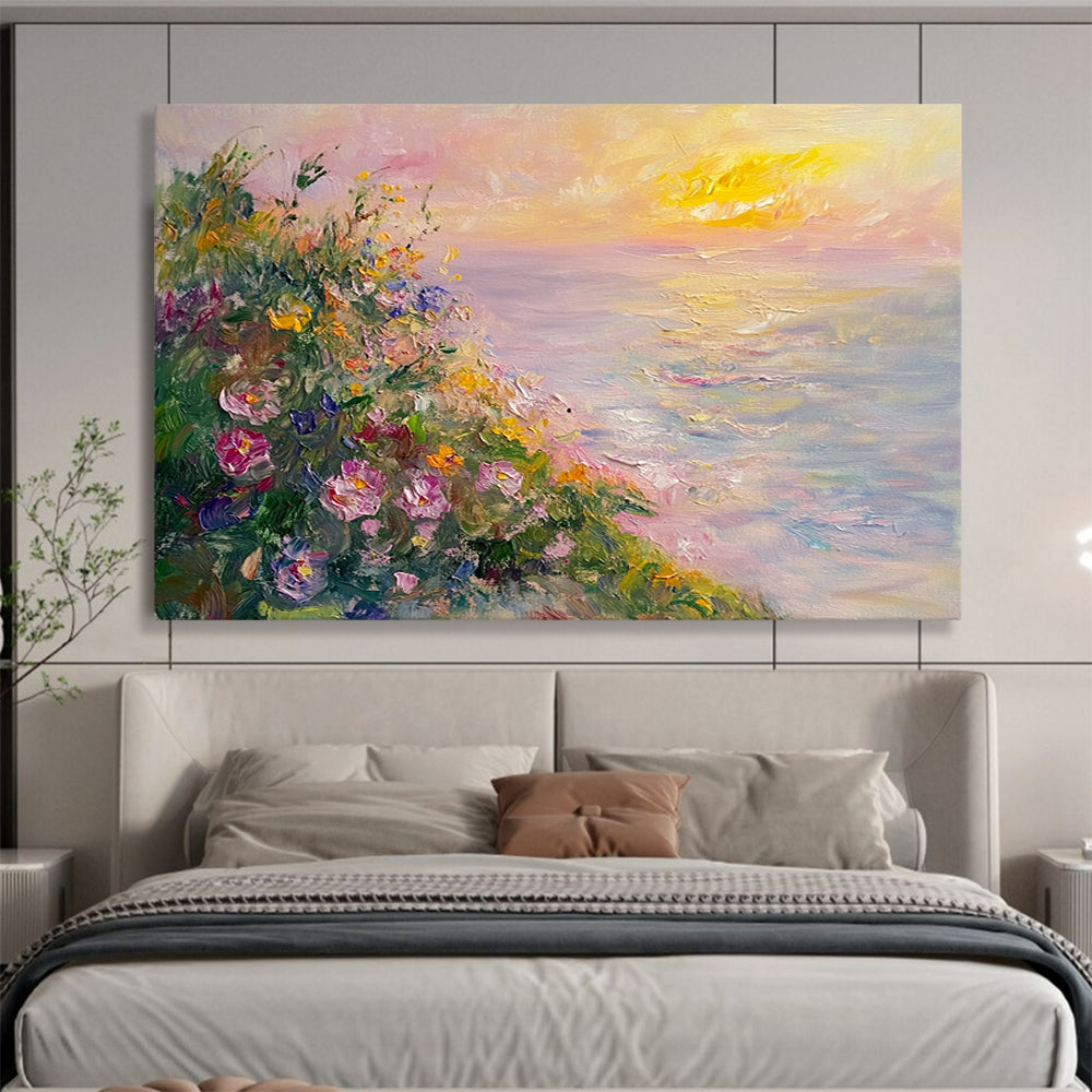 “Seaside Floral Sunset” - Pink, Yellow, Floral & Sea Oil Painting On Canvas HB0716