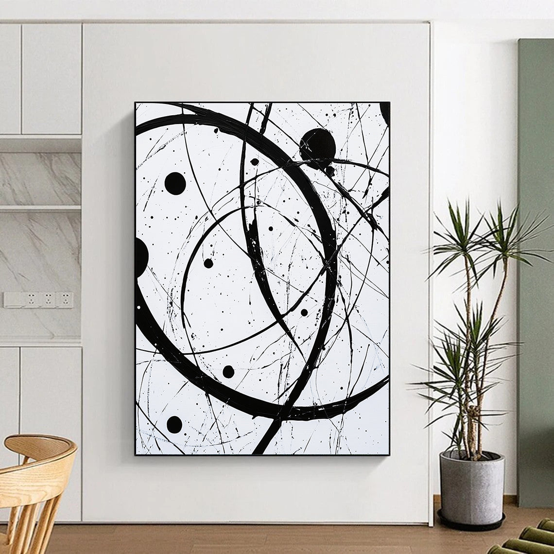 Black, White, Intertwined Circles "Monochrome Orbits" Abstract Modernist Painting On Canvas HB102
