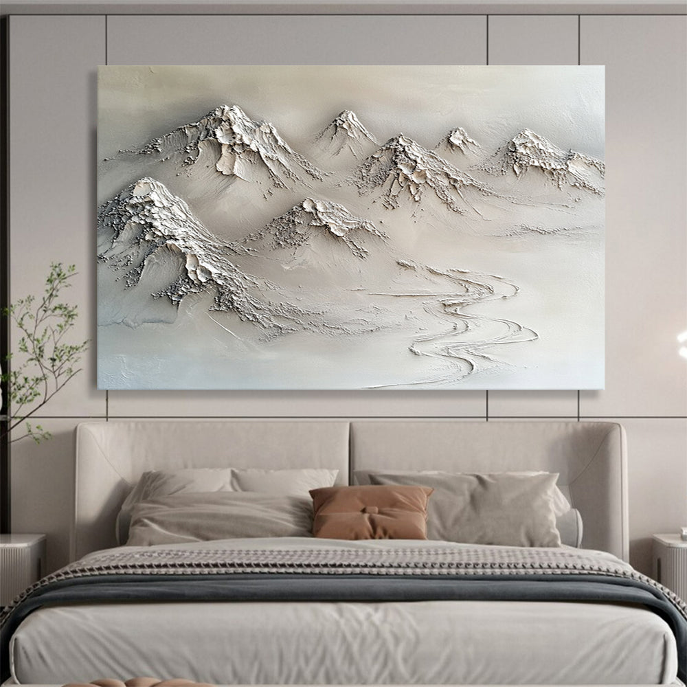 “Textured Mountain Range” - Neutral Grays, Beiges, Textured Mountain Landscape - 3D Relief Sculpture Painting HB1751