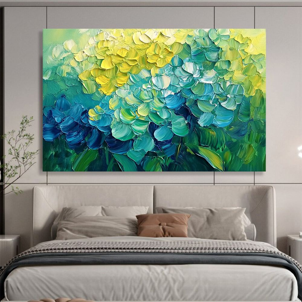 “Vibrant Hydrangeas Burst” - Yellow, Teal, Blue, Lush Flower Blooms Painting On Canvas HB1016