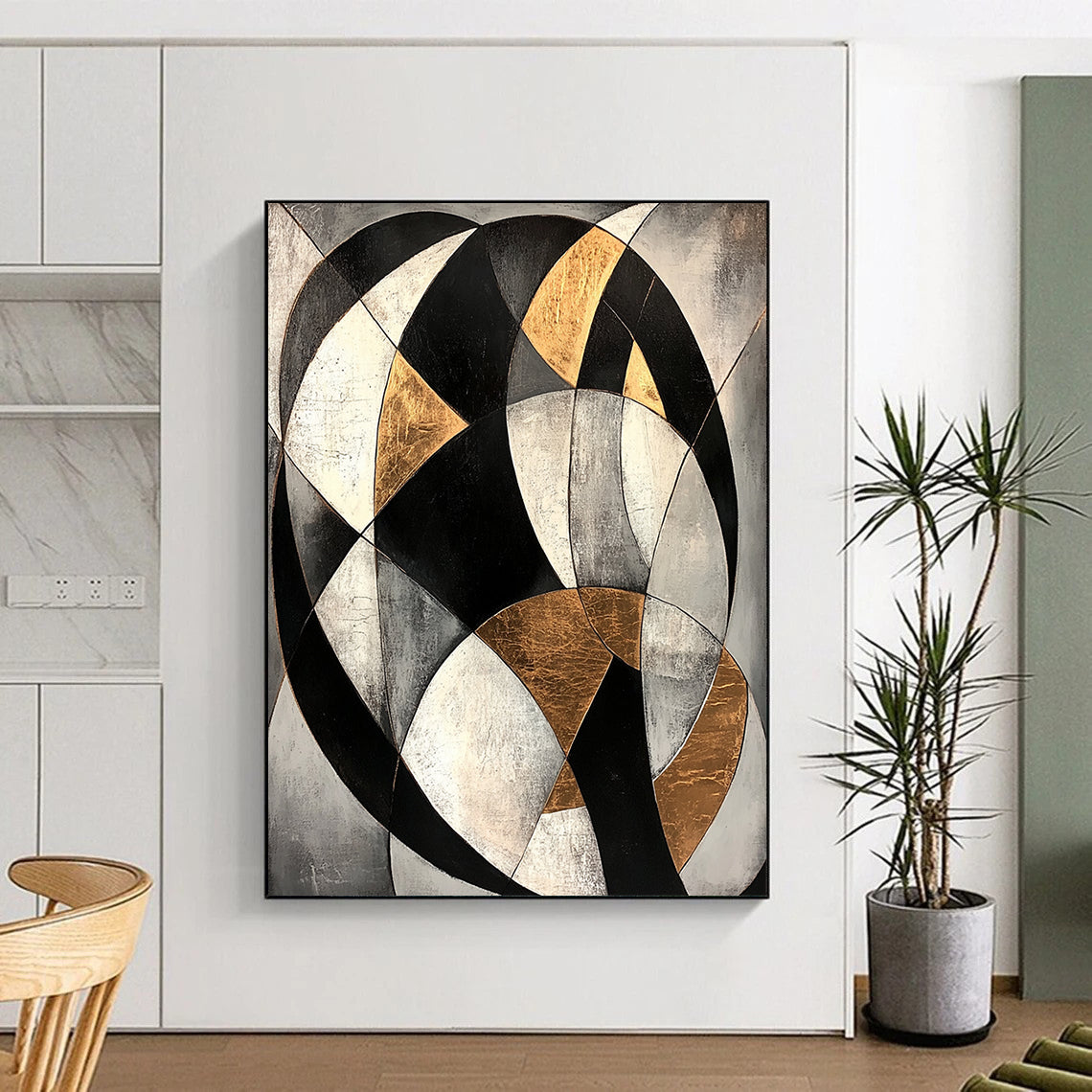 Gray, Black, White, Gold, Curved Geometry "Celestial Arc" Abstract Cosmic - Inspired Painting On Canvas HB079