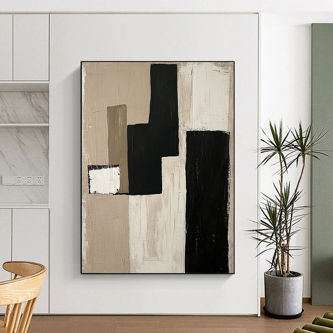 Contemporary hand-painted abstract artwork features minimalist composition with a monochromatic palette of beige black and white on unprimed canvas. DLZ0933