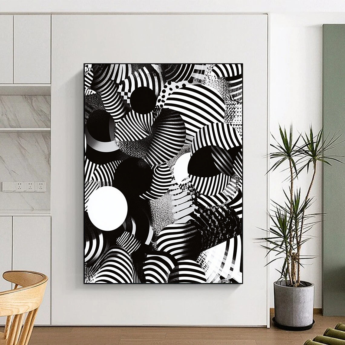 Black, White, Striped Spheres "Optical Illusion Spheres" Abstract Op - Art Painting On Canvas HB174