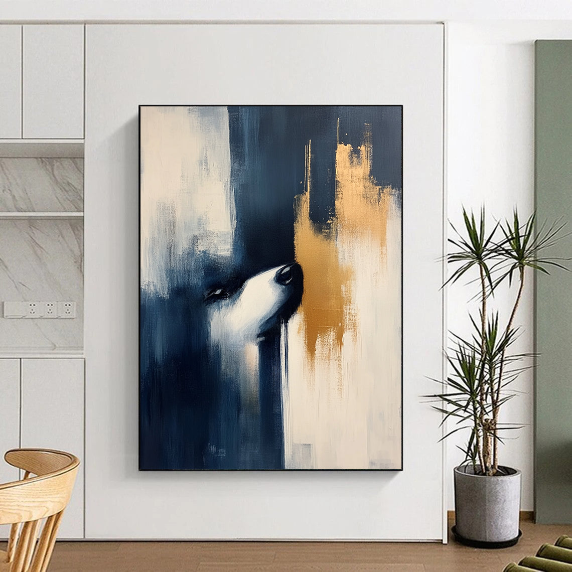 Contemporary hand-painted abstract art featuring dark blue and beige hues with elegant gold accents, perfect for modern decor. DLZ0850