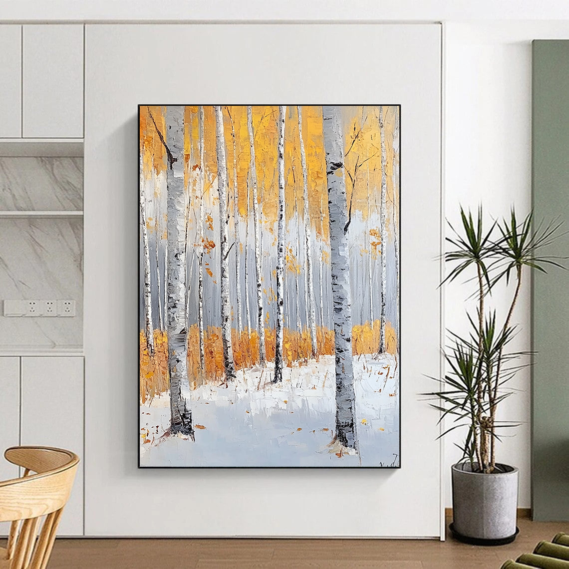 Large contemporary hand-painted abstract artwork featuring birch trees in light gray and amber, evoking tranquility with autumn foliage and snow. DLZ1103