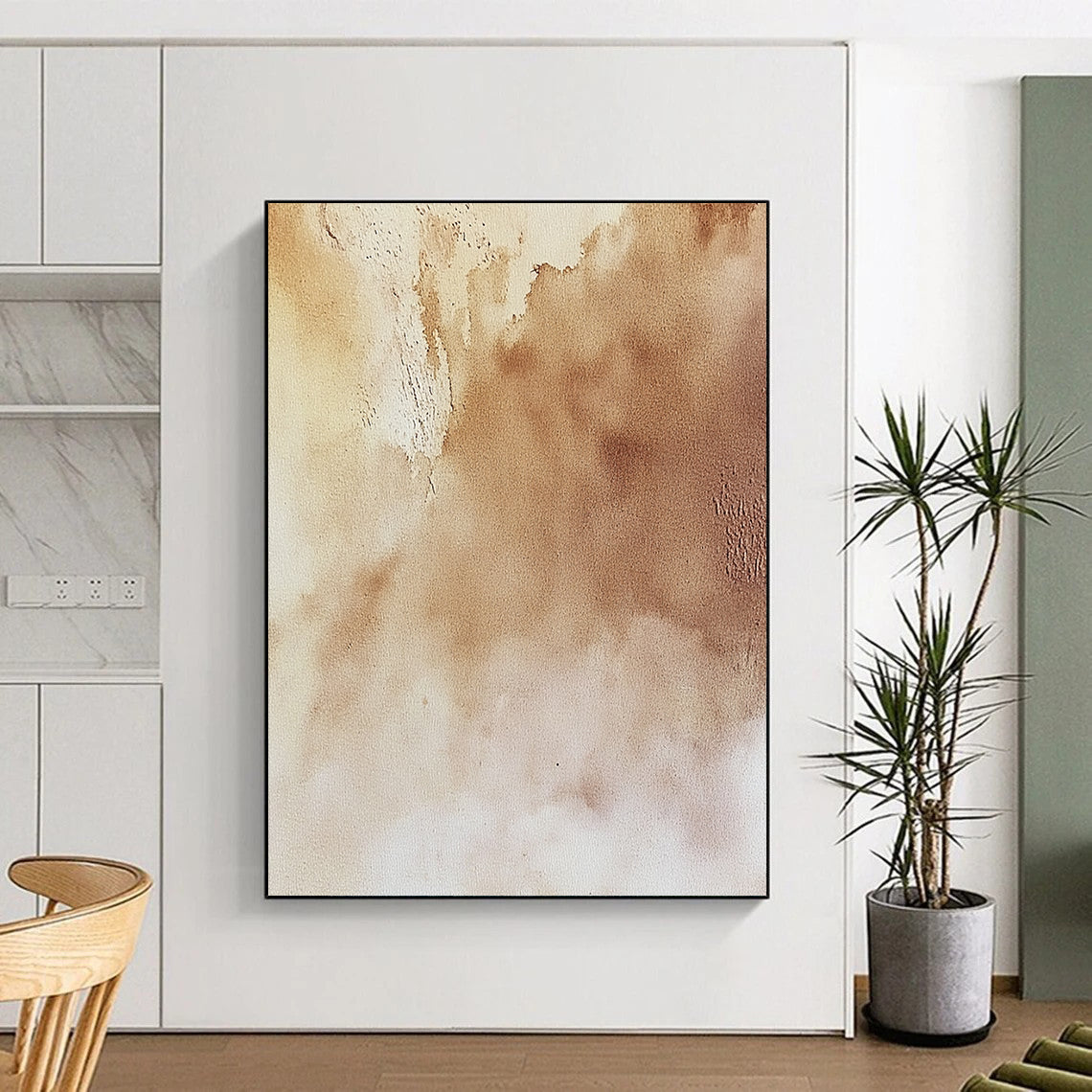 Contemporary hand-painted abstract artwork featuring soft beige textures atmospheric skies and intricate natural landscapes in light and dark shades. DLZ1723
