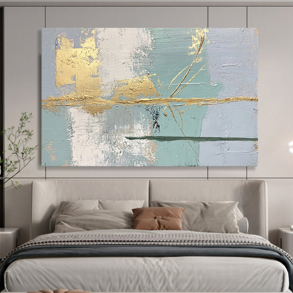 “Gold Accents on Pastel Abstract” - Light blue, gray, white, gold; Abstract with gold brushstrokes; Acrylic Painting On Canvas HB1246