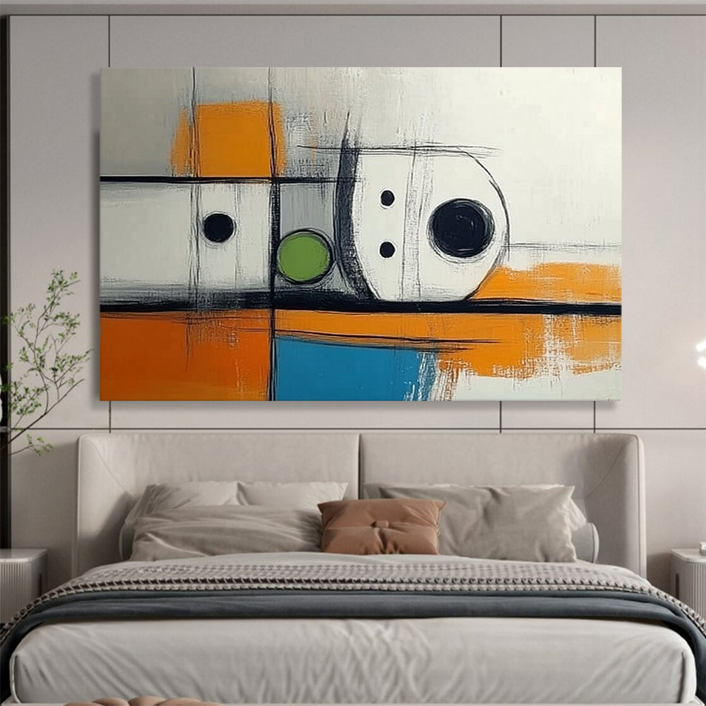 Black, White, Orange, Green and Blue Geometric Abstract "Minimalist Machinery" Painting On Canvas HB0416