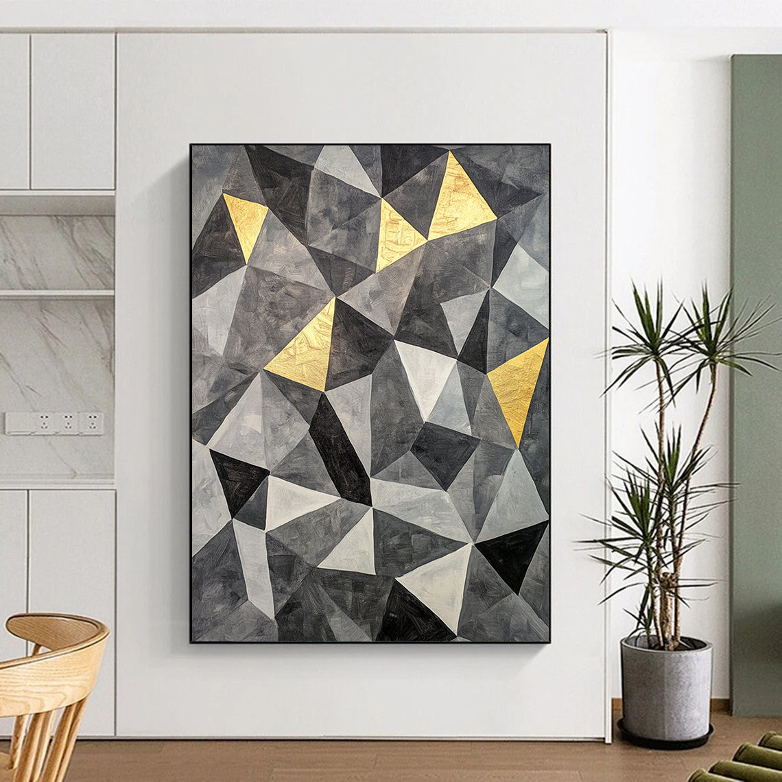 Gray, Black, White and Gold Geometric Triangles "Golden Geometry" Painting On Canvas HB363