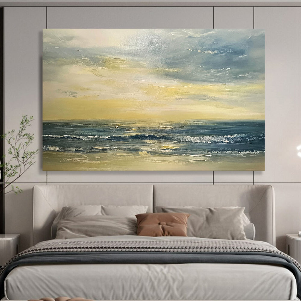 “Golden Ocean Sunset” - Yellows, Oranges, Blues, Ocean at Sunset - Palette Knife Oil Painting HB1598