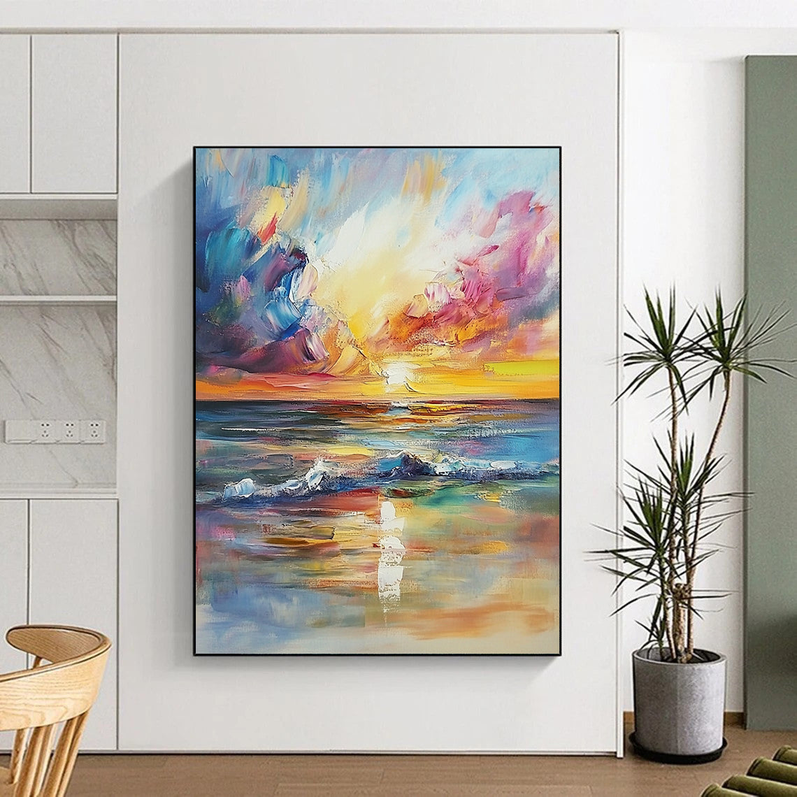 Contemporary hand-painted abstract artwork with impressionist style depicting a dreamy sunset over the sea, perfect for enhancing living room aesthetics. DLZ1125