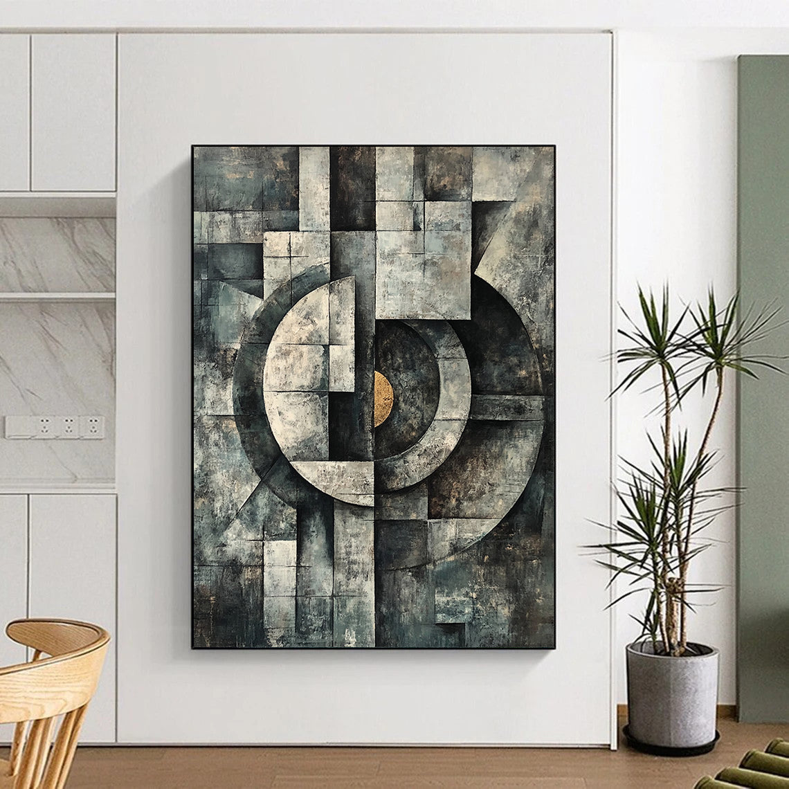 Gray, Black and Gold Geometric Composition "Industrial Harmony" Painting On Canvas HB345