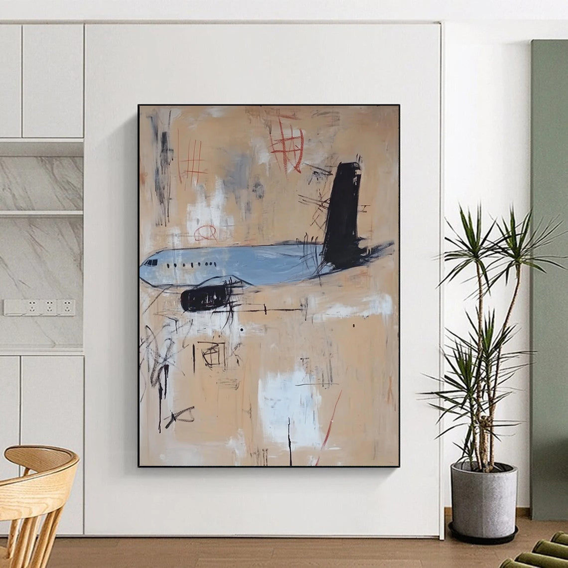 Contemporary hand-painted abstract artwork featuring an airplane with light blue beige and tan tones accented by black lines and minimalistic details. DLZ0571
