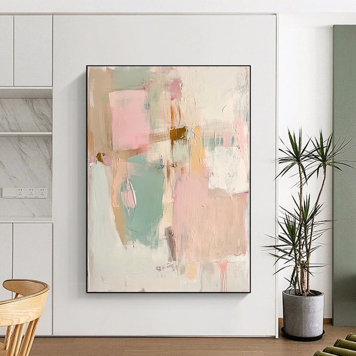 Contemporary hand-painted abstract artwork featuring soft pinks greens and whites highlighting textured beige paper with faded pastel shapes and forms. DLZ1062