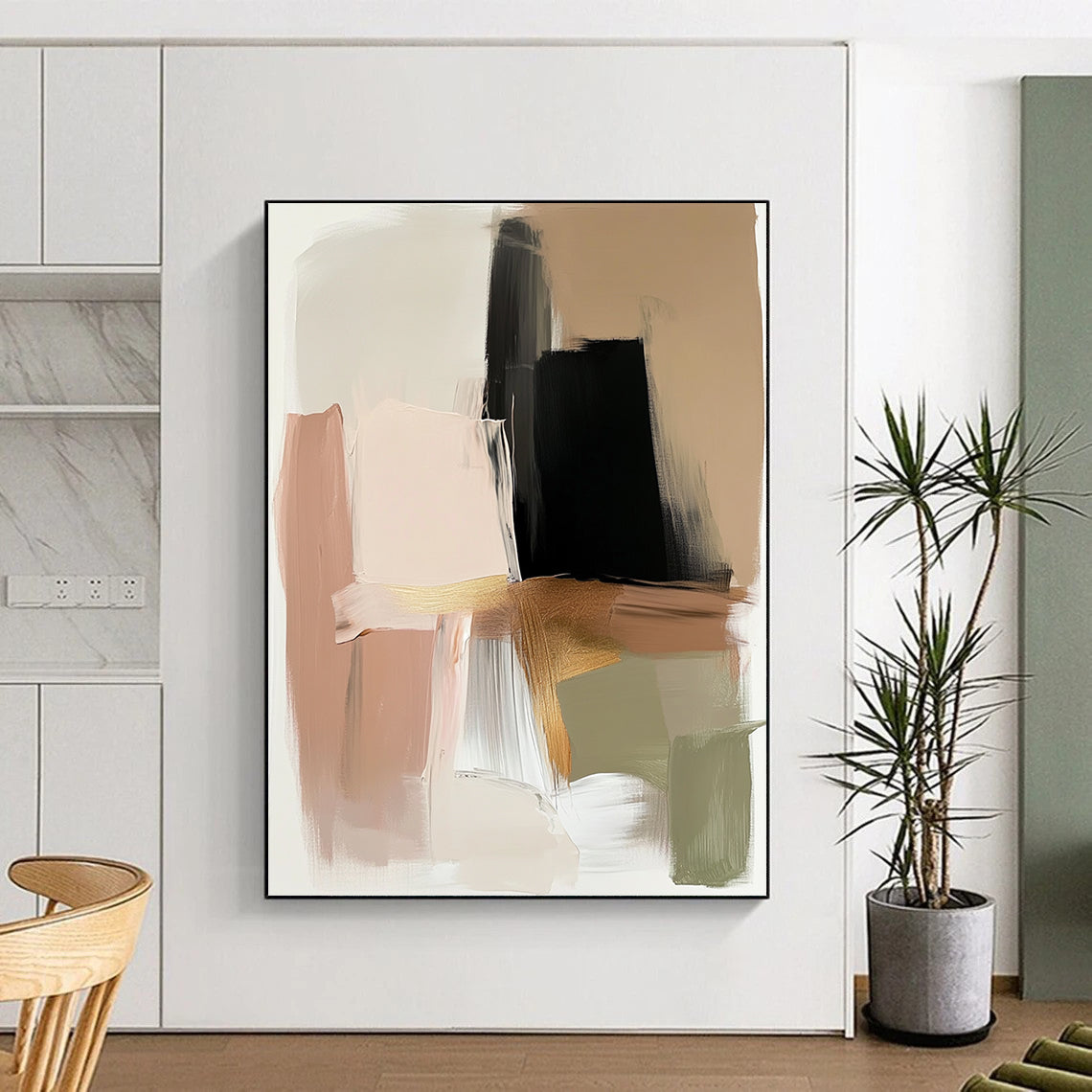 Contemporary hand-painted abstract art in beige and black with gold accents featuring expressive brush strokes and a neutral palette of serene colors. DLZ0880