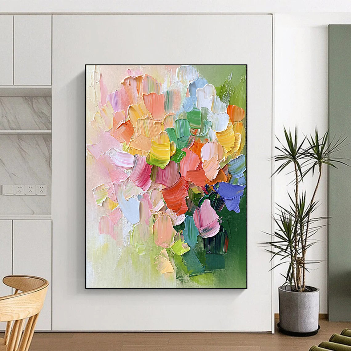 Contemporary abstract artwork featuring a vibrant pink flower bouquet with green leaves and delicate accents in a cheerful pastel palette. DLZ0480