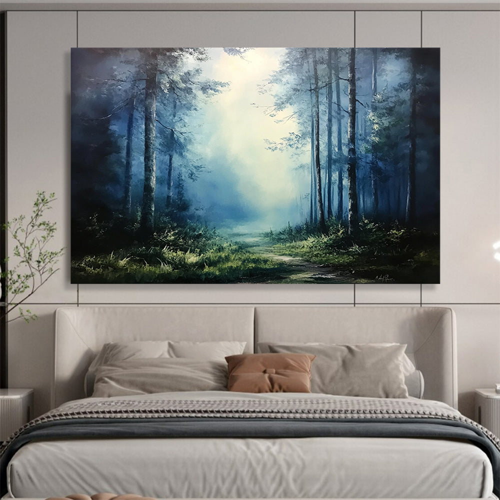 “Mystic Forest Path” - Deep Blues, Greens, Hints of Light, Forest Path in Mist - Atmospheric Oil Painting HB1690