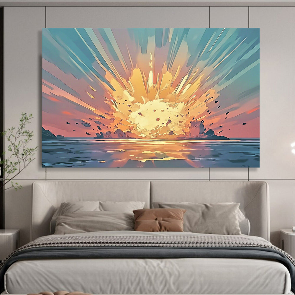 “Explosive Coastal Sunset” - Orange, Blue, Dynamic Coastal Explosion Painting On Canvas HB0891