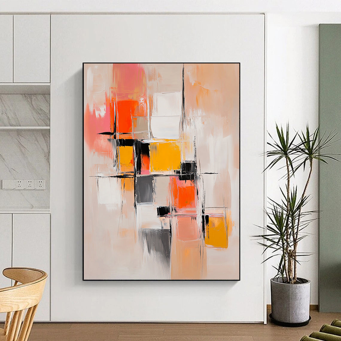 Contemporary hand-painted abstract artwork features harmonious beige and orange hues with dynamic brushstrokes and layered geometric shapes for emotional depth. DLZ0939