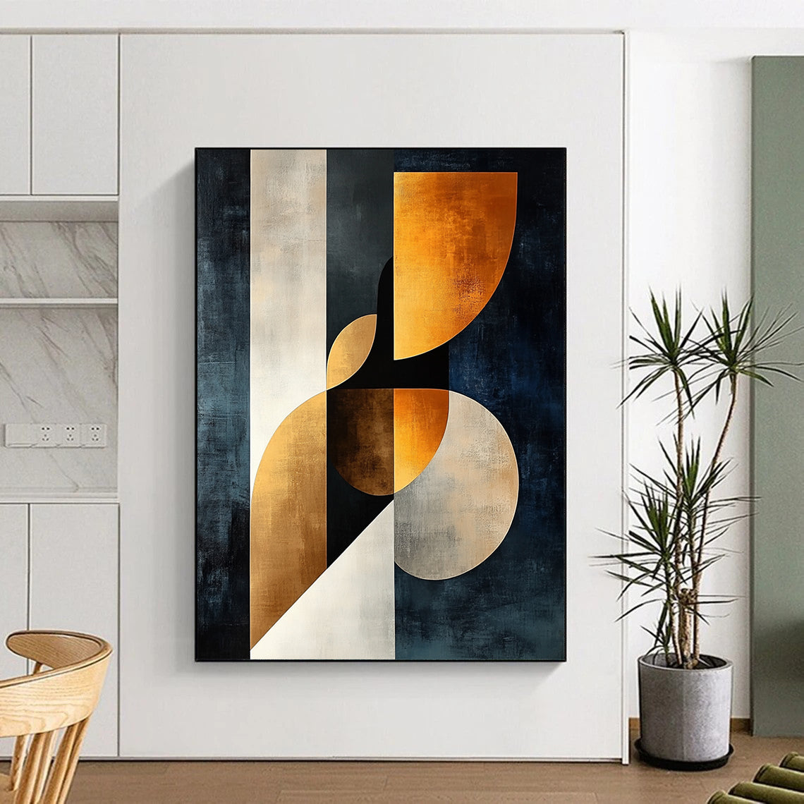 Modern abstract painting featuring elegant female form in dark blue beige and white with golden accents showcasing harmony of curves and geometric shapes. DLZ1370