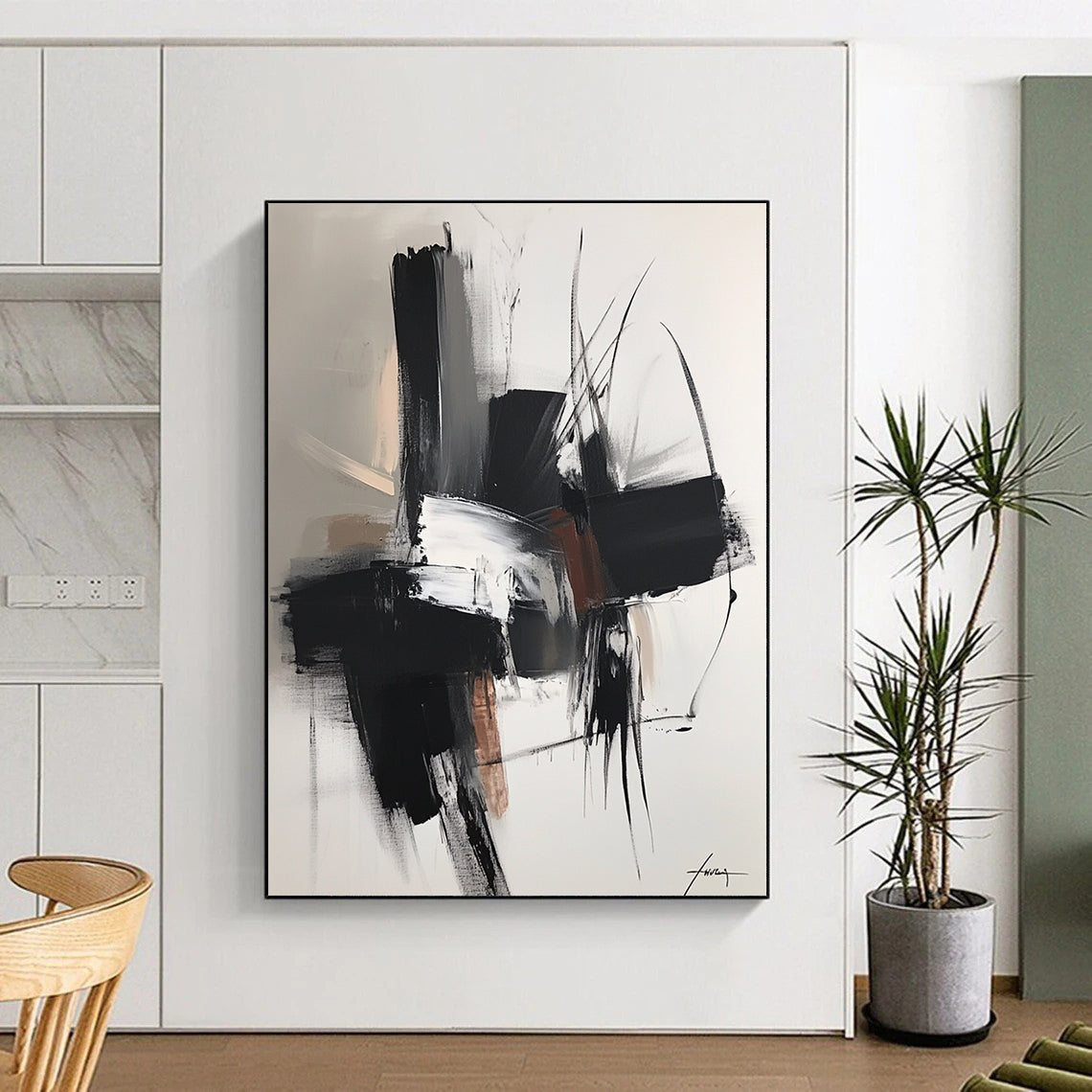 Large contemporary hand-painted abstract artwork featuring dark gray and light bronze shapes with soft edges and subtle textures in neutral tones. DLZ0314