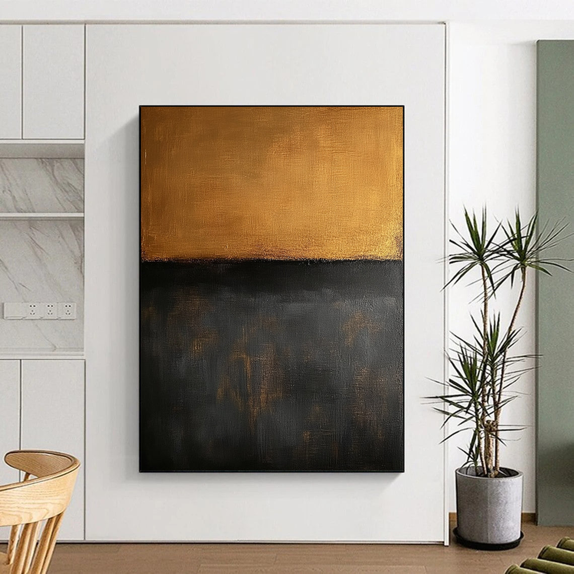 Contemporary large hand-painted abstract art features a minimalist brown and dark gray oil on canvas background in the style of Mark Rothko. DLZ0700