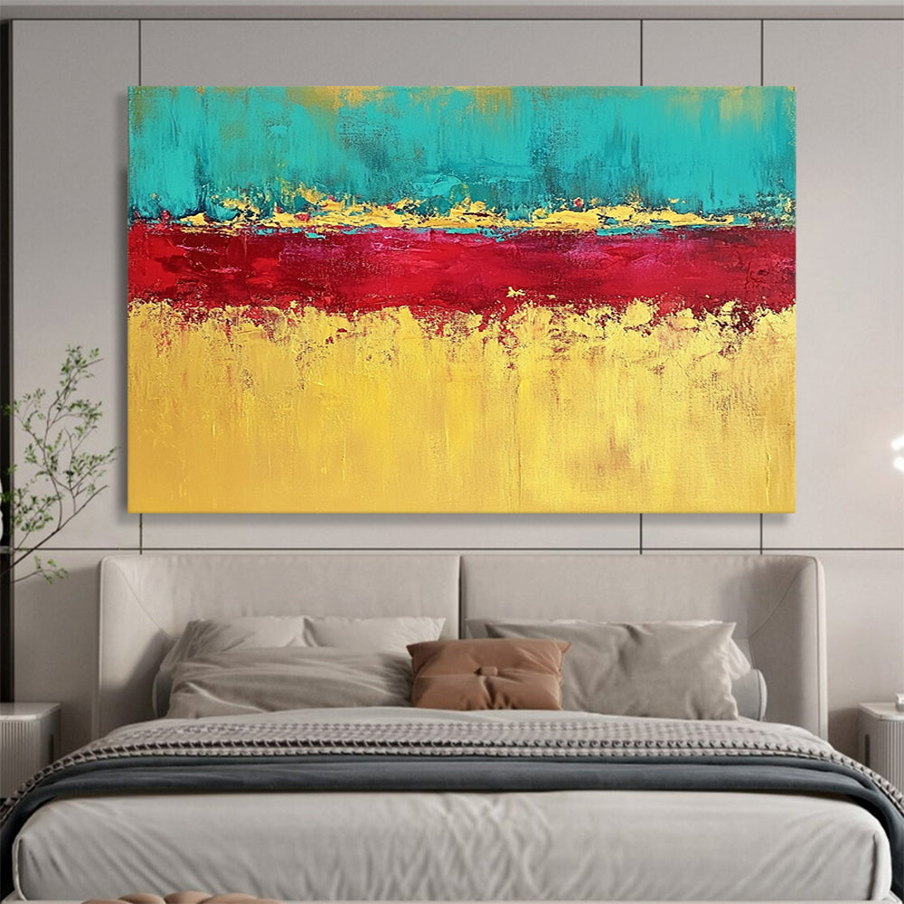 “Teal, Red, and Gold Abstract Horizon” - Teal, red, gold, yellow; Abstract color - block horizon; Acrylic Painting On Canvas HB1221