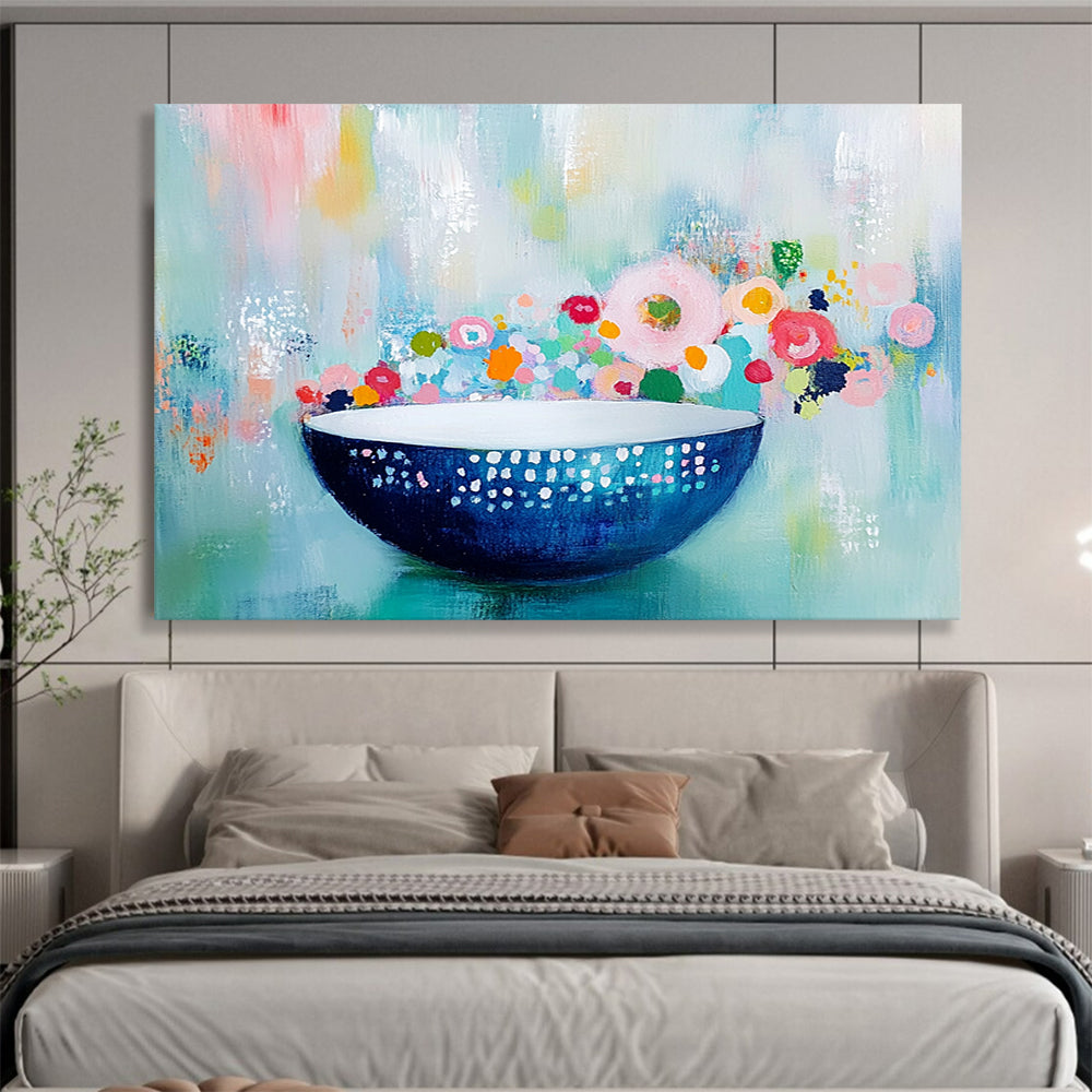 “Floral Bowl Still Life” - Blue, White, Colorful Flowers, Polka Dots, Pastel Background - Painting On Canvas HB1443