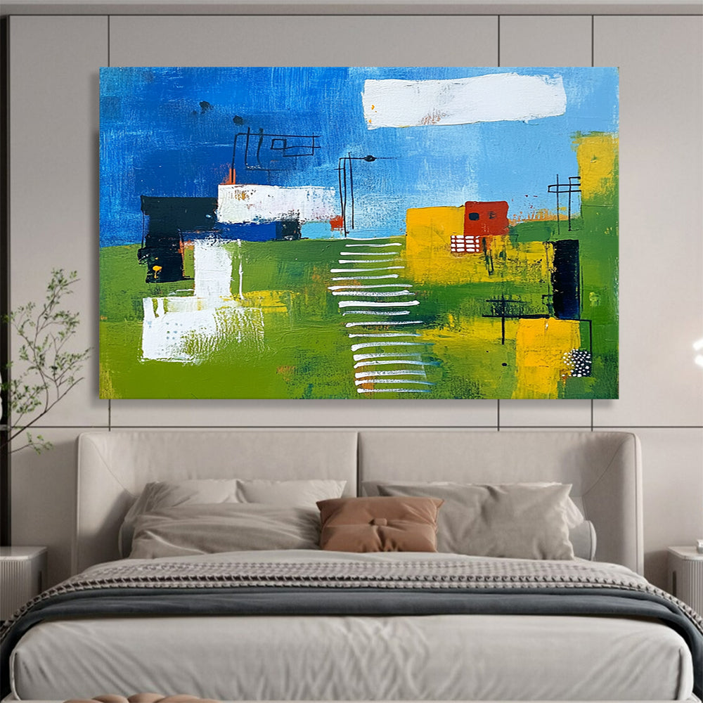 “Colorful Landscape Abstract” - Blue, Green, Yellow, White, Abstract Landscape - Painting On Canvas HB1415