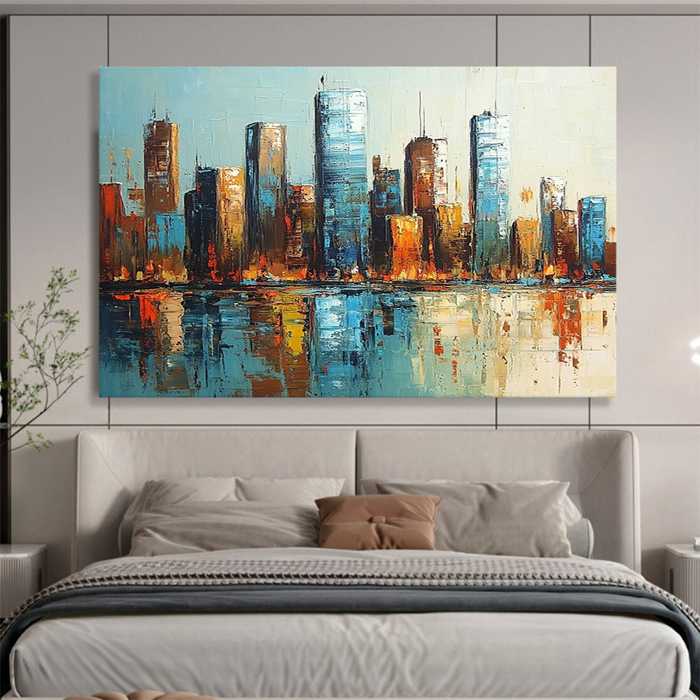 “Cityscape Reflections” - Blues, Browns, Oranges, Urban Skyline - Impressionist Oil Painting HB1591