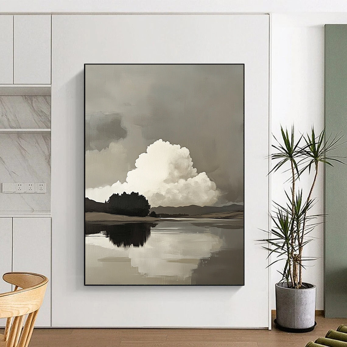 Contemporary abstract art featuring atmospheric clouds over a serene lake with hills and trees in soft neutral tones and subtle brush strokes. DLZ1097