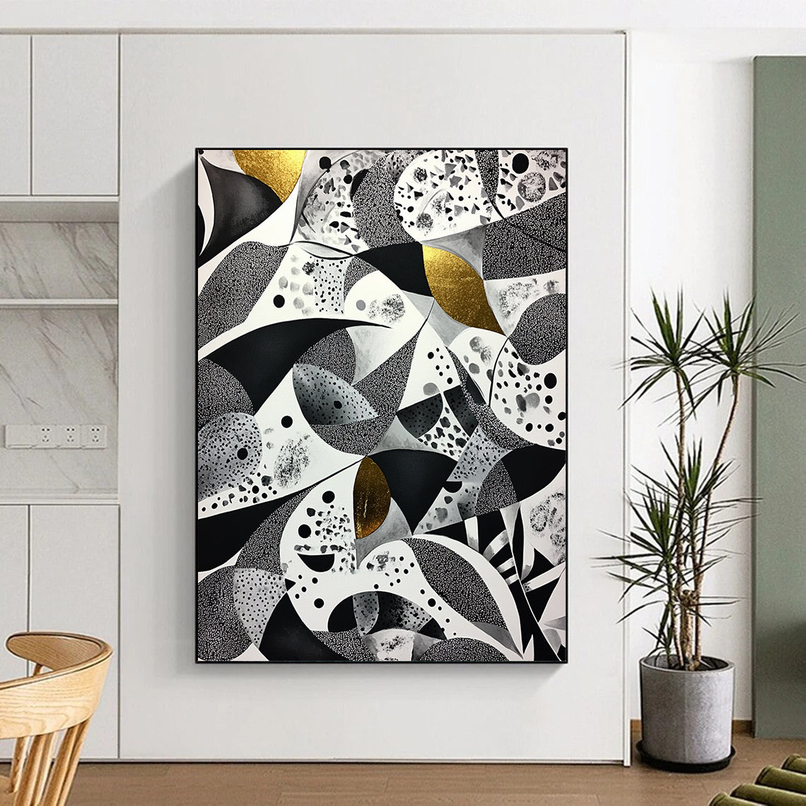 Black, White, Gray and Gold Abstract Patterns "Opulent Mosaic" Painting On Canvas HB332