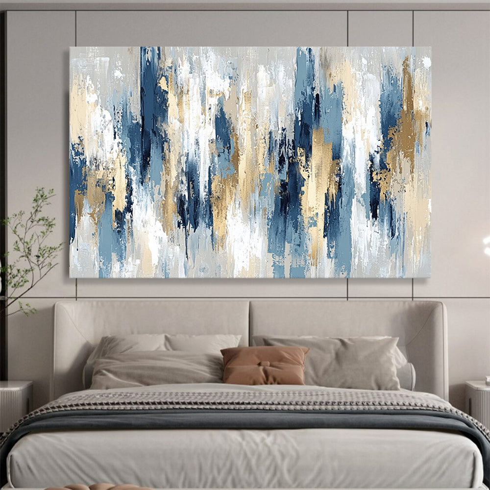 “Elegant Blue, Gray, and Gold Vertical Strokes” - Blue, gray, gold; Abstract vertical strokes with gold accents; Acrylic Painting On Canvas HB1231