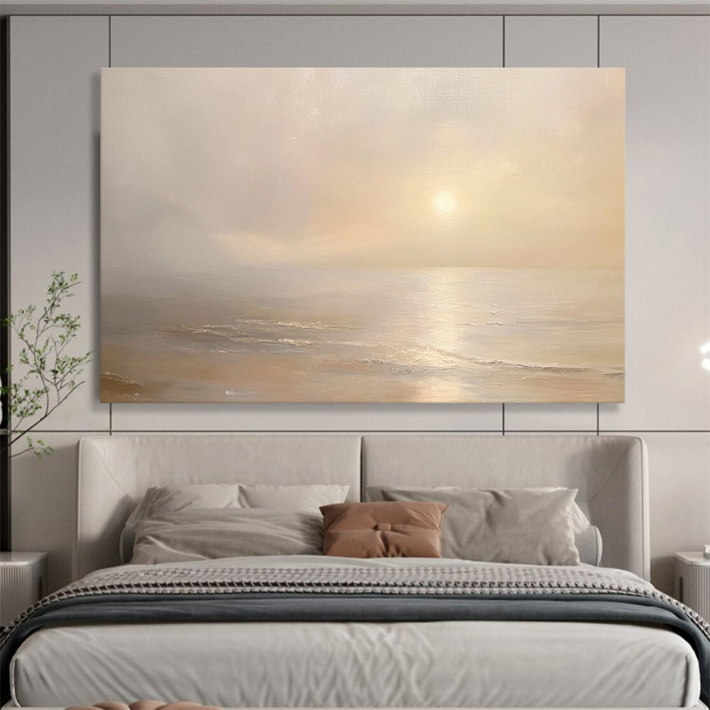“Misty Sea at Dawn” - Pale Beiges, Whites, Subtle Yellows, Foggy Ocean at Sunrise - Oil Painting HB1607
