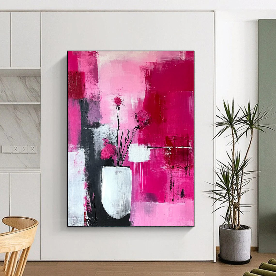 Contemporary hand-painted abstract art featuring a pink and white color scheme with delicate brushstrokes and intricate patterns for an ethereal aesthetic. DLZ0718