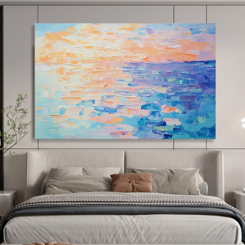 “Pastel Sunset Sea” - Peach, Orange, Blue, Purple, Soft Seaside Dusk Painting On Canvas HB1035