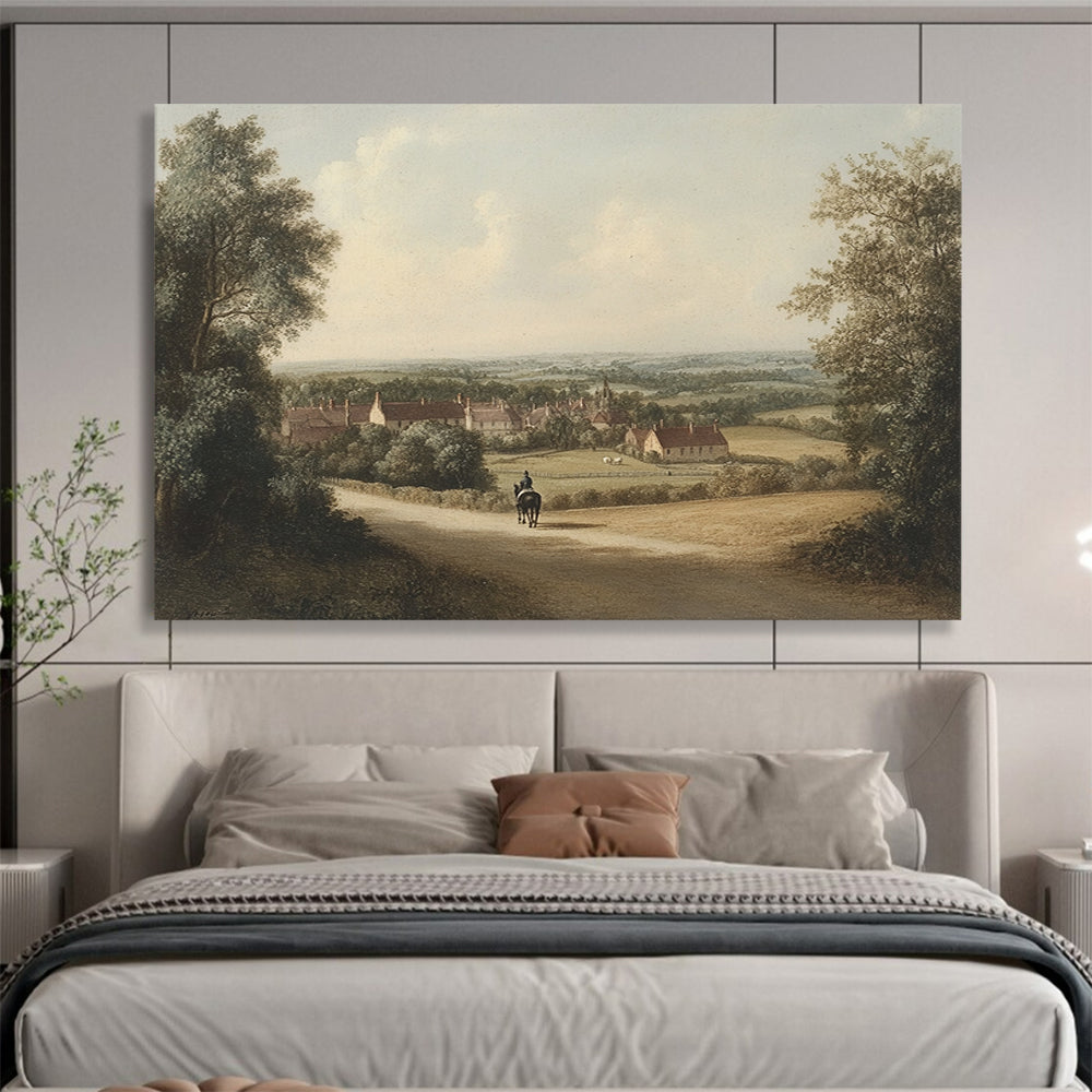 “Village Path with Rider” - Earthy tones, village scene, rider on path, Landscape Painting On Canvas HB0595