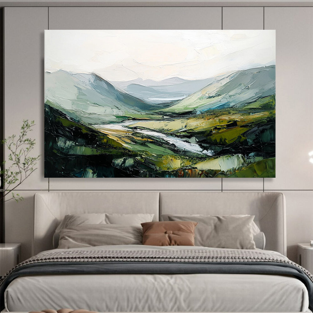 “Impasto Valley Landscape” - Green, Gray, Yellow with Textured Valley - Painting On Canvas HB1401