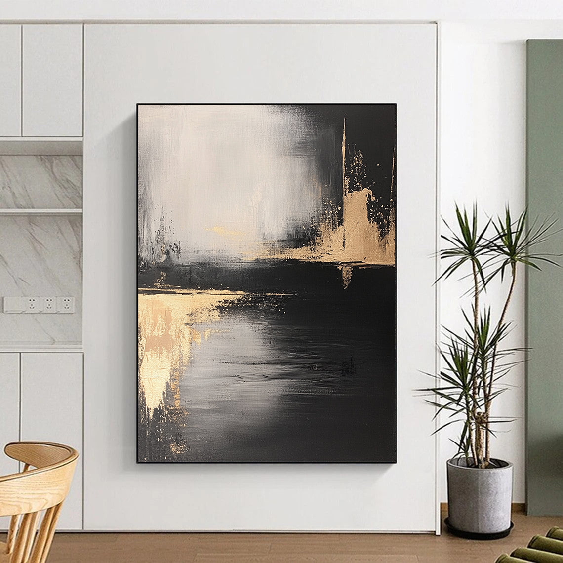 Contemporary abstract art featuring a monochromatic palette of black and gold with textured brush strokes and subtle contrasts of light and shadow. DLZ0296