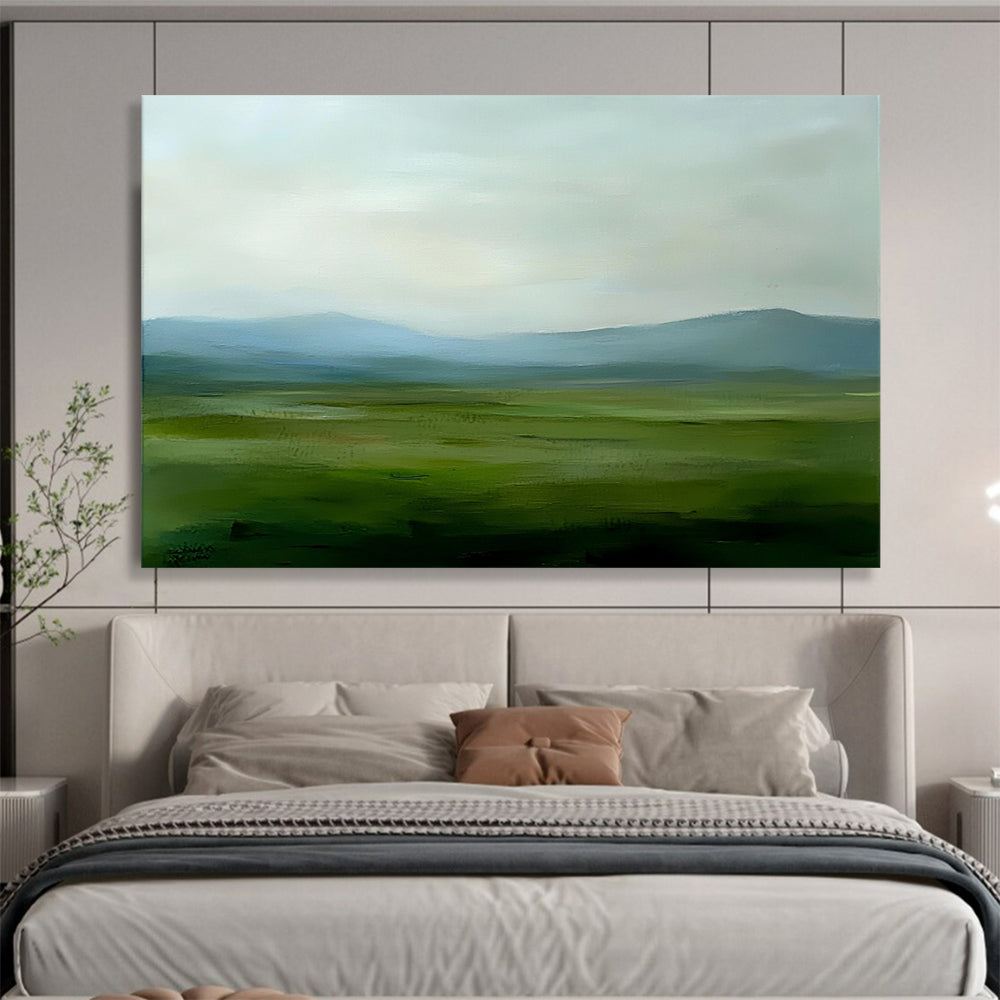 “Soft Green Landscape” - Green, Blue, Gray, Hazy Fields and Mountains - Minimalist Oil Painting HB1701