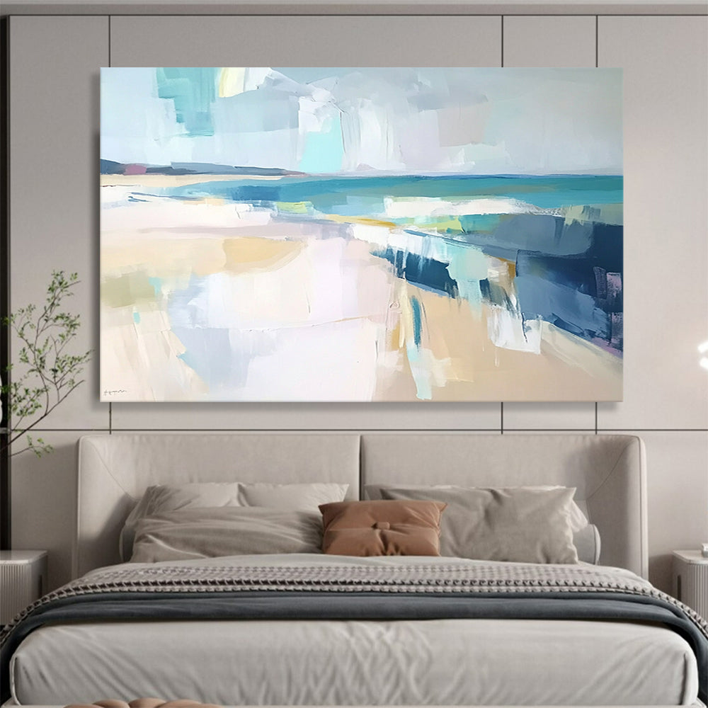 “Abstract Beach Day” - Blue, white, yellow, gray; Soft blocks mimic a hazy seaside; Minimalist Coastal Acrylic Painting On Canvas HB1175