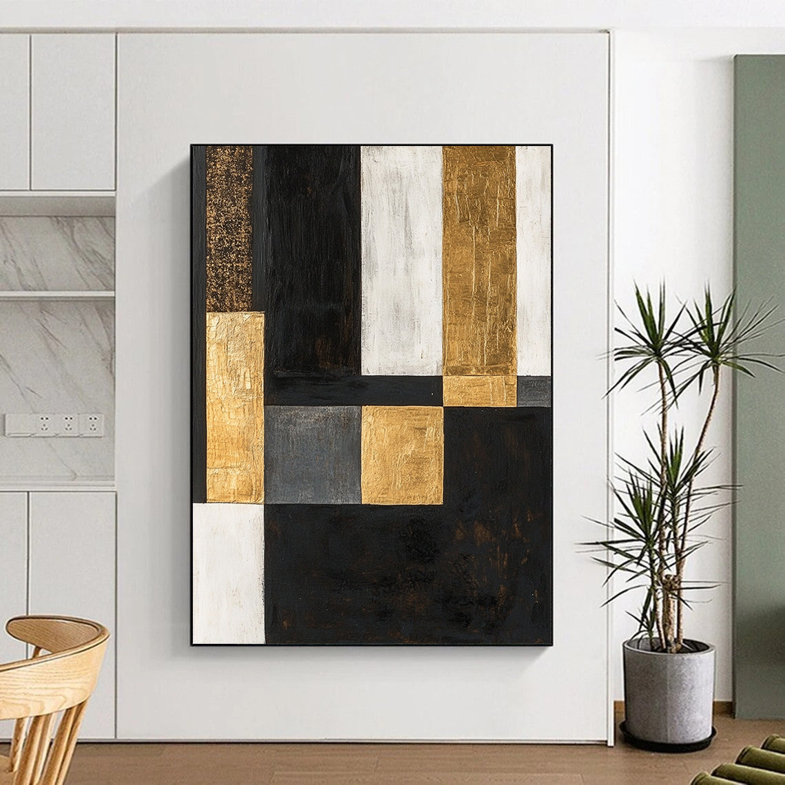Black, White, Gold, Gray, Patchwork Squares "Urban Gilded Patchwork" Abstract Modernist Painting On Canvas HB156