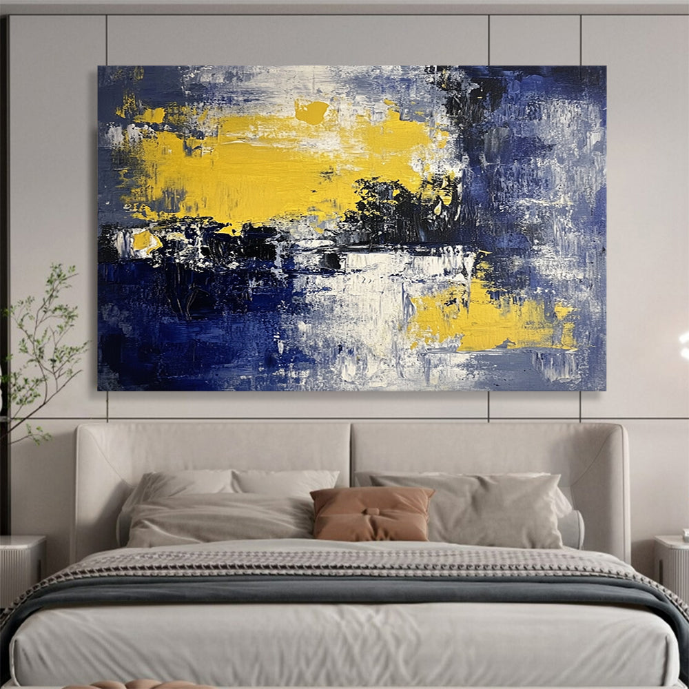 “Blue, Yellow, and White Abstract Landscape” - Blue, yellow, white, black; Abstract landscape with color blocks; Acrylic Painting On Canvas HB1222