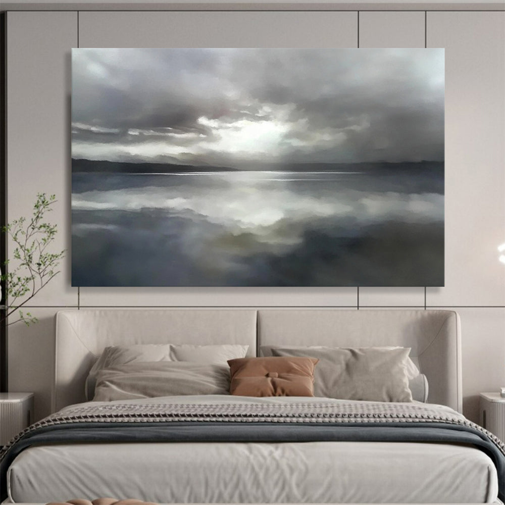 “Moody Lake Reflection” - Gray clouds reflected in a lake, Impressionist Landscape Painting On Canvas HB0551