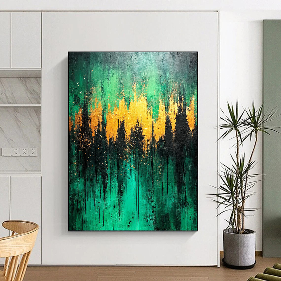 Contemporary abstract artwork featuring a lush green forest with light blue and gold accents on a textured canvas. DLZ0391