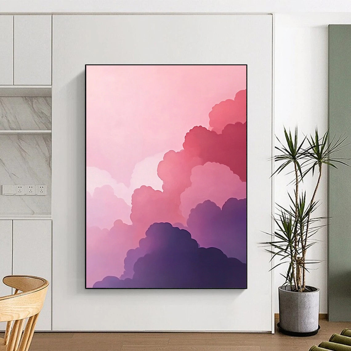 Abstract oil painting with pink and purple clouds featuring a minimalist aesthetic against a dark grey and violet background showcasing high detail and contemporary artistry. DLZ1691