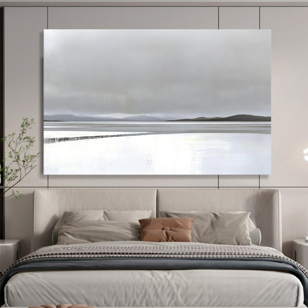 “Misty Lake Landscape” - Gray, white, blue, minimalist, Landscape Painting HB0624