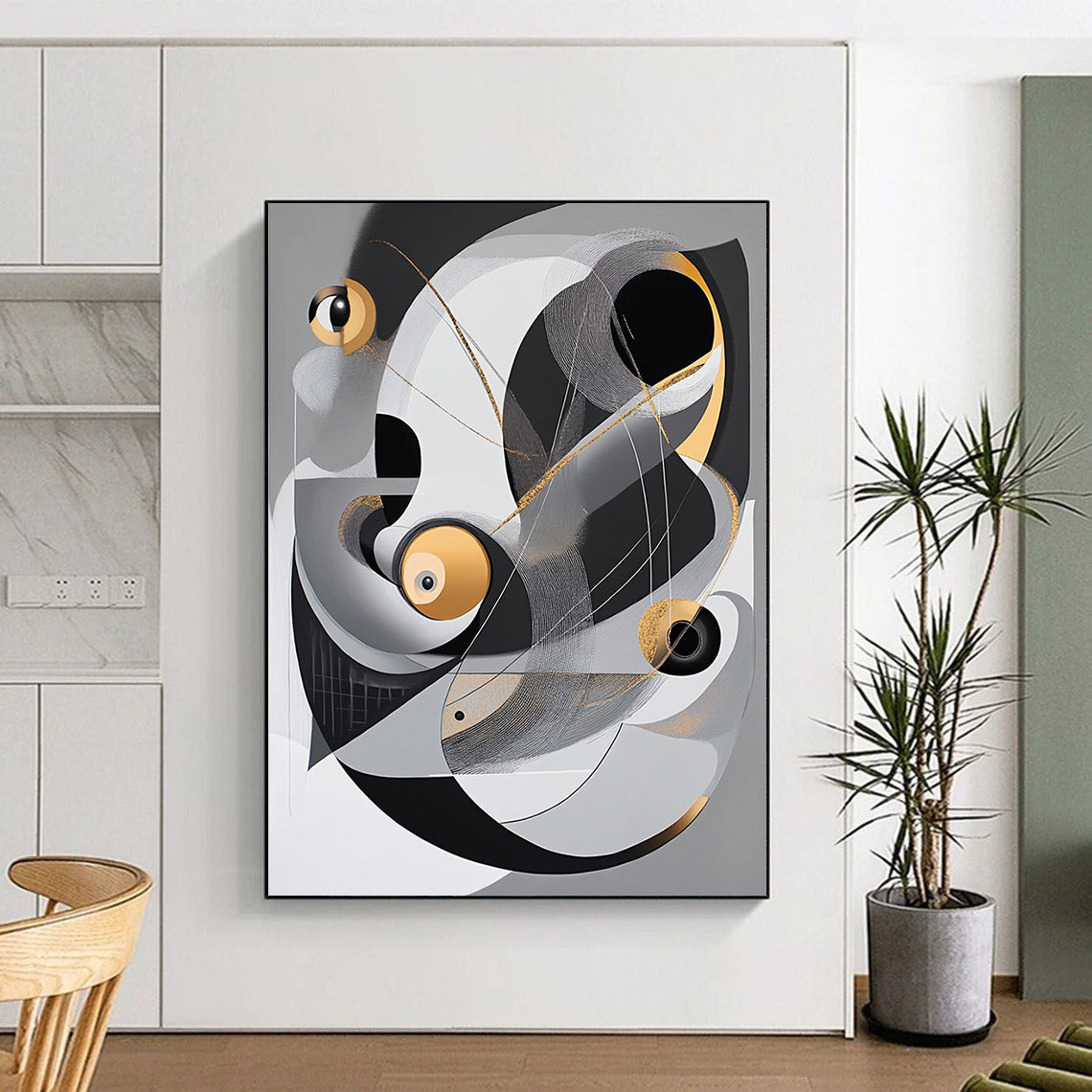 Gray, Black, White, Gold and Silver Abstract Composition "Cosmic Dance" Painting On Canvas HB358