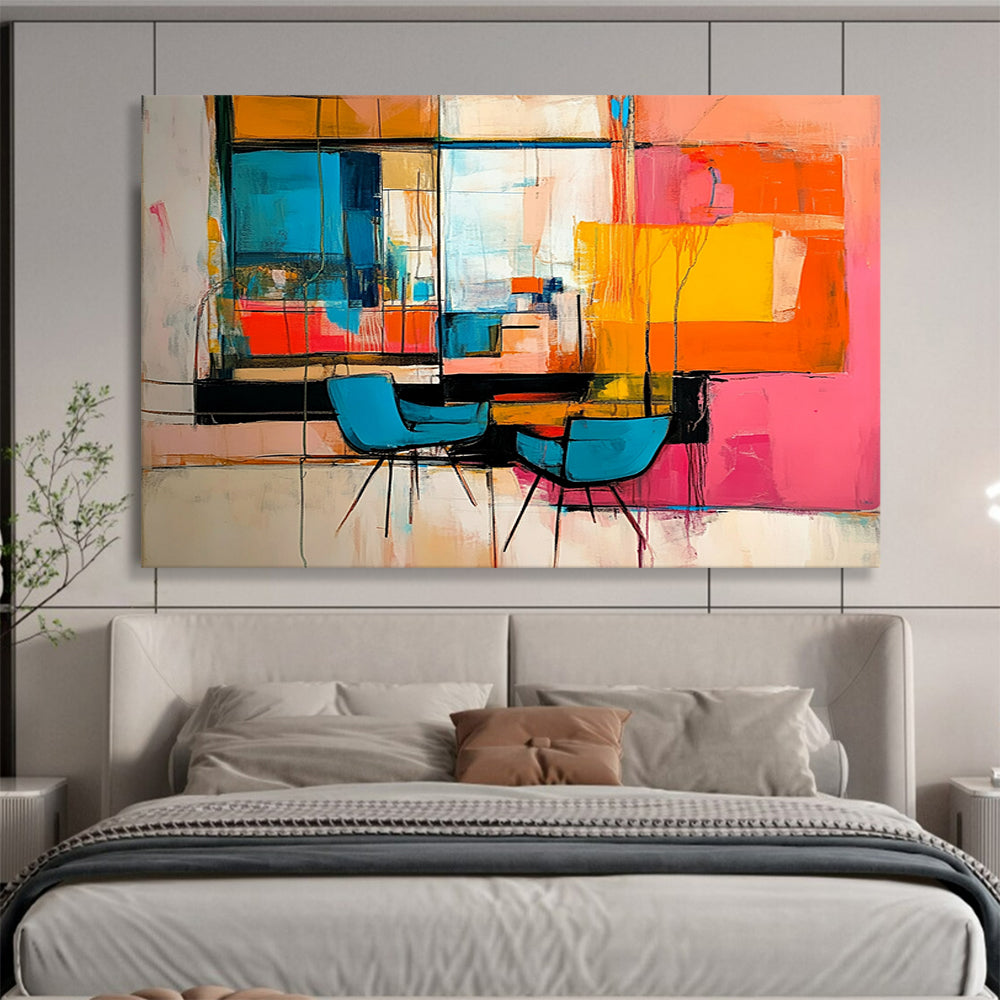 “Vibrant Interior Abstraction” - Multicolor, Abstract Interior Scene with Chairs HB1119
